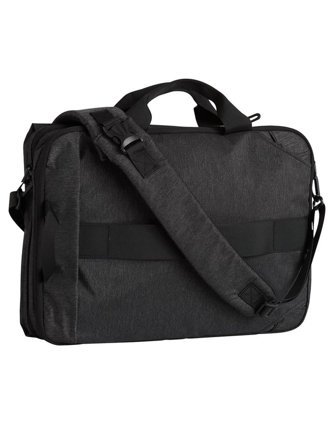 A grey laptop bag with a sturdy handle and adjustable shoulder strap, featuring a logo.