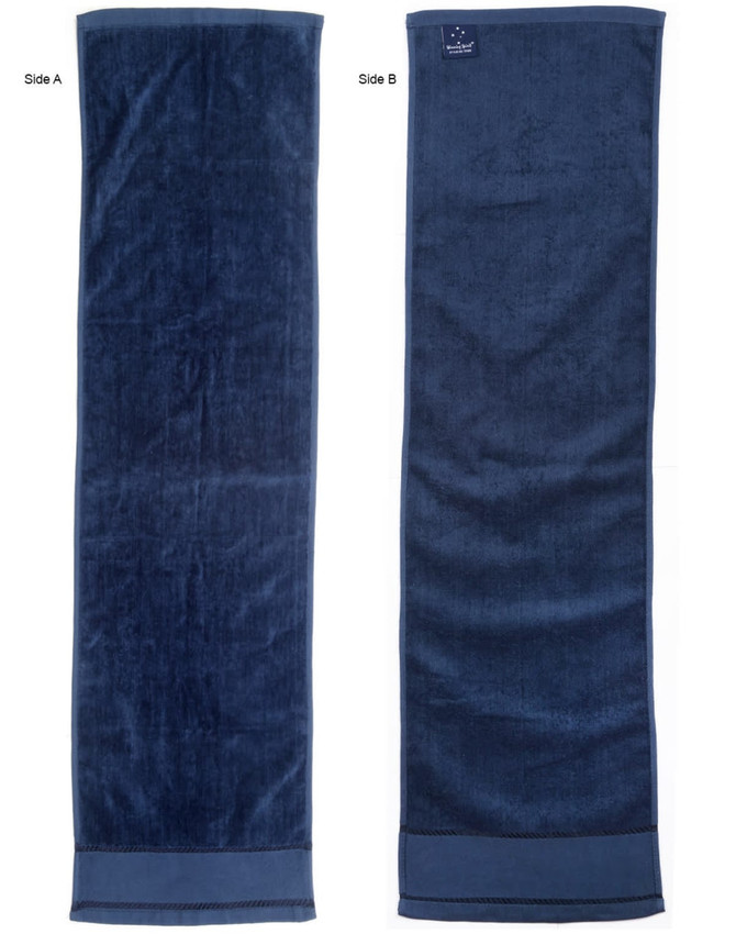 A dark navy terry velour fitness towel, measuring 110x30 cm, featuring two sides with a subtle sheen and a logo.