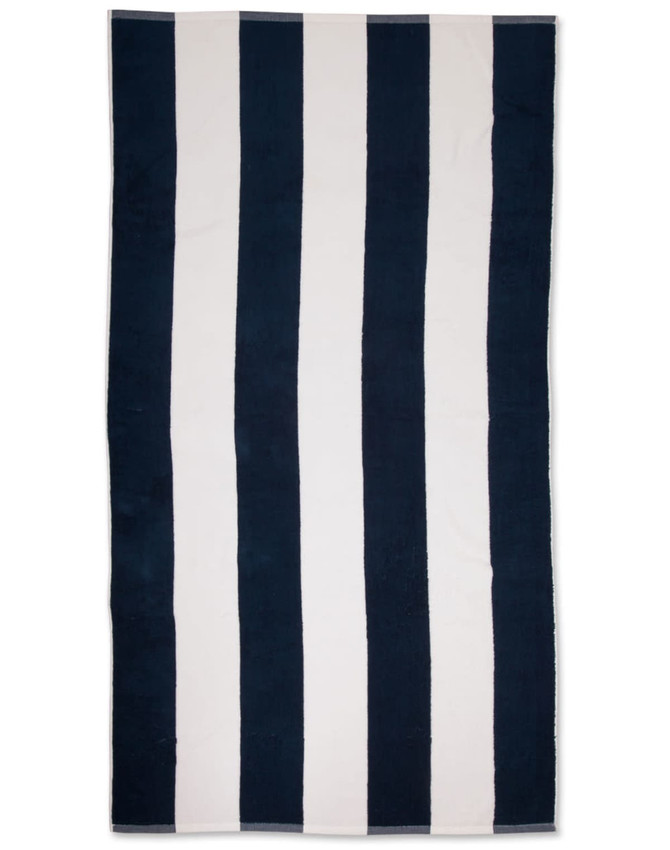 A striped beach towel featuring alternating navy blue and white stripes, with a logo at one corner.