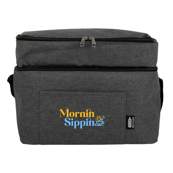 A grey insulated lunch bag with a front pocket and a logo featuring colourful text.