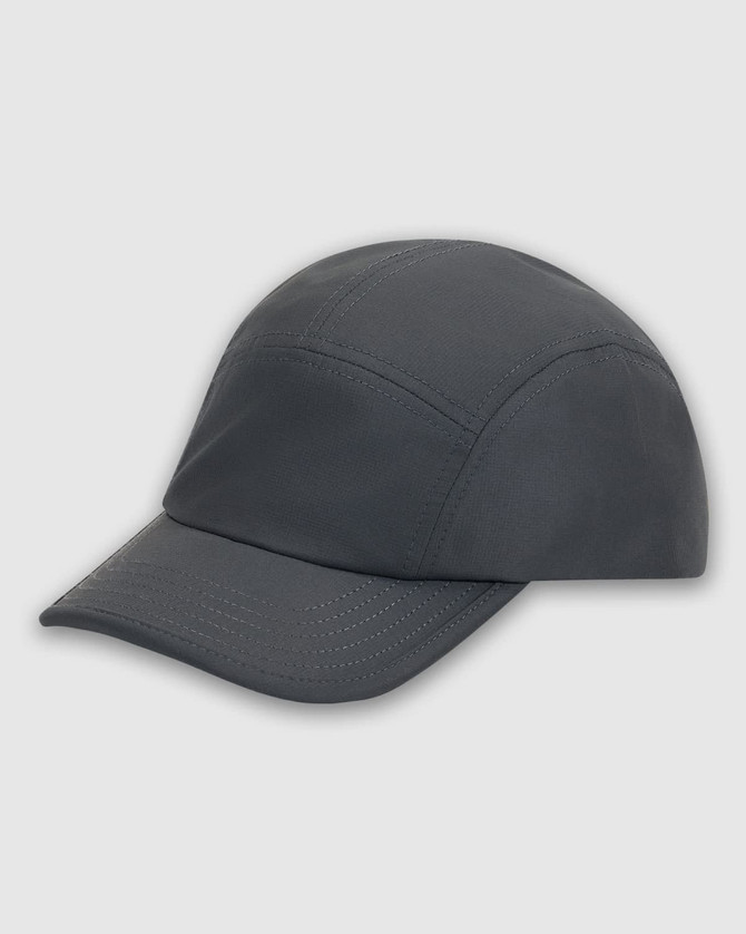 A grey performance cap with a structured design and a curved brim, featuring a logo on the side.
