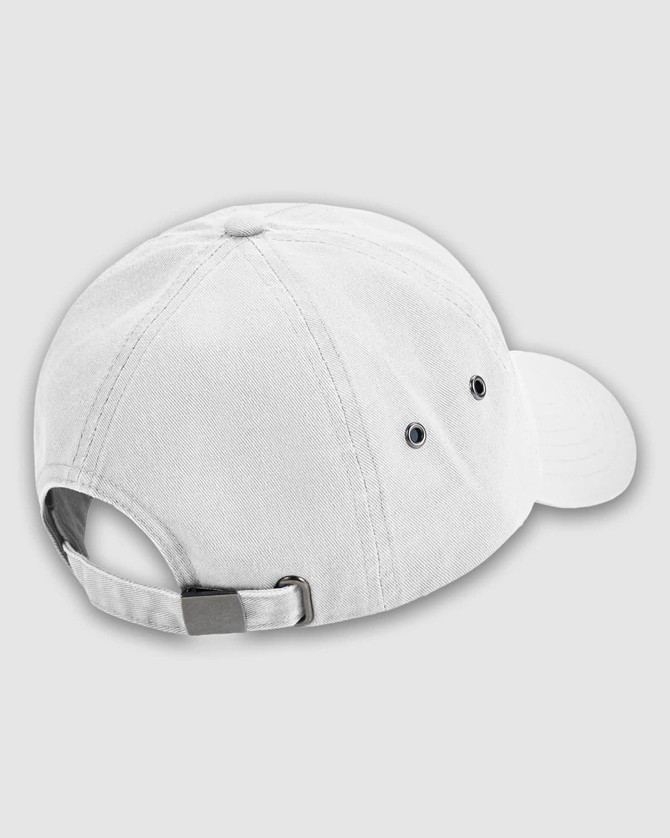 A white baseball cap featuring a buckle adjustment and ventilation holes. The cap has a logo on it.