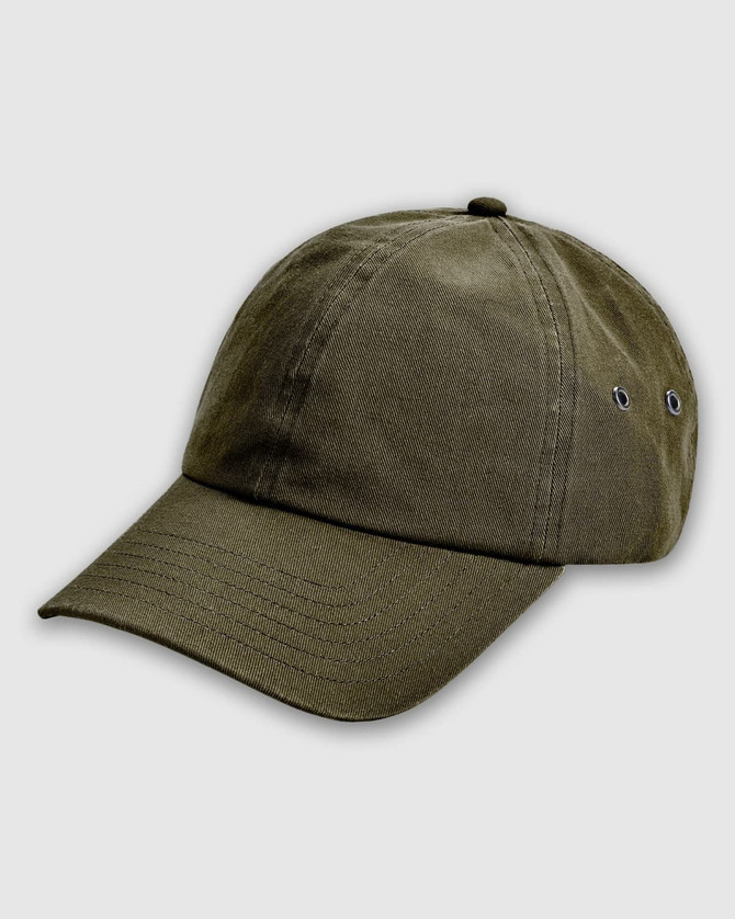 A washed khaki baseball cap featuring a curved brim and ventilation holes, with a subtle logo.