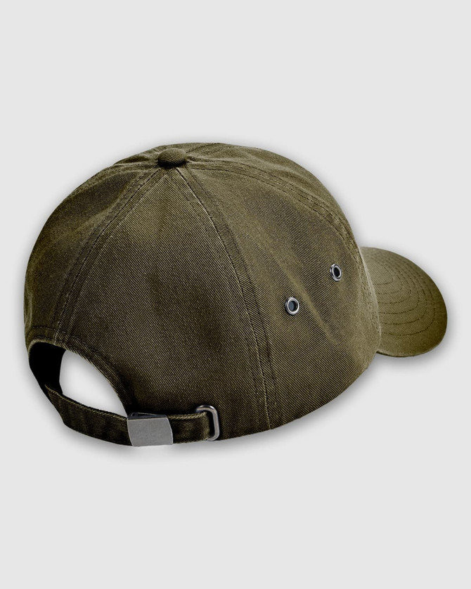 An olive green washed baseball cap featuring a logo and an adjustable strap at the back.