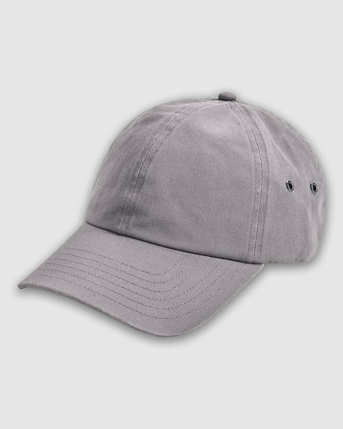 A grey baseball cap with a rounded crown and ventilation eyelets, featuring a branded logo on the front.