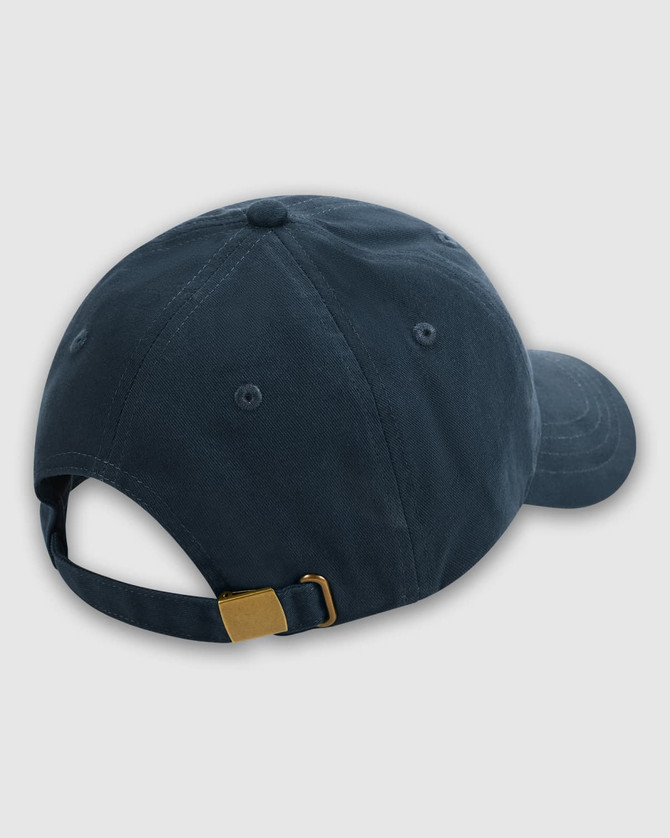 A navy blue dad cap featuring a curved brim and an adjustable strap with a metal buckle at the back.