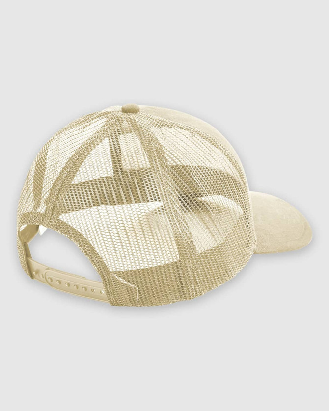 A structured trucker cap in light beige with a mesh back and adjustable snap closure.