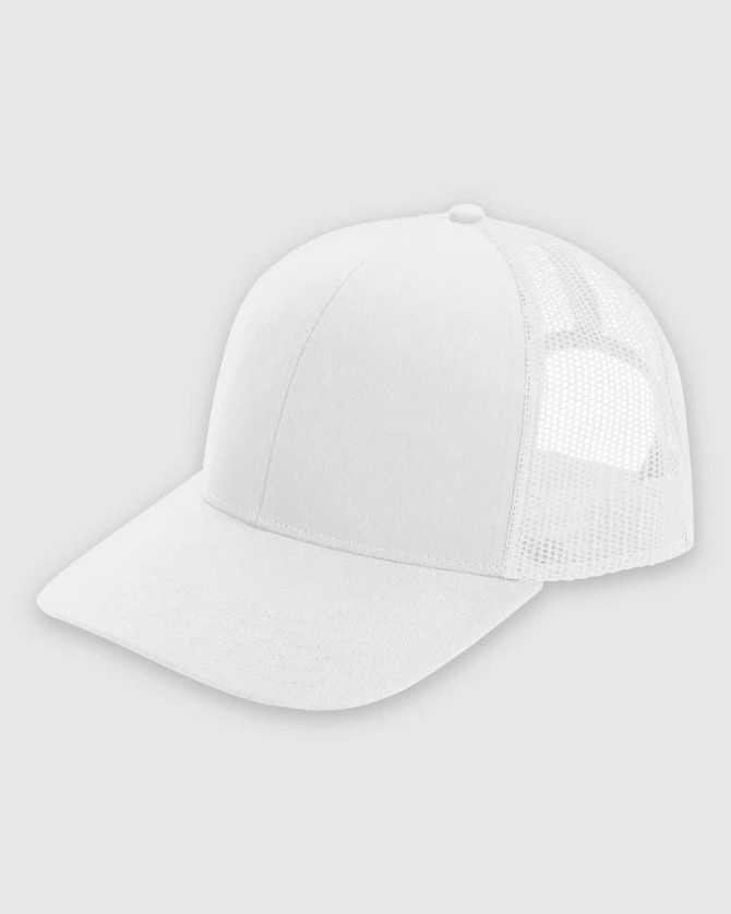 A white structured trucker cap with a solid front and mesh sides, featuring a logo on the front.