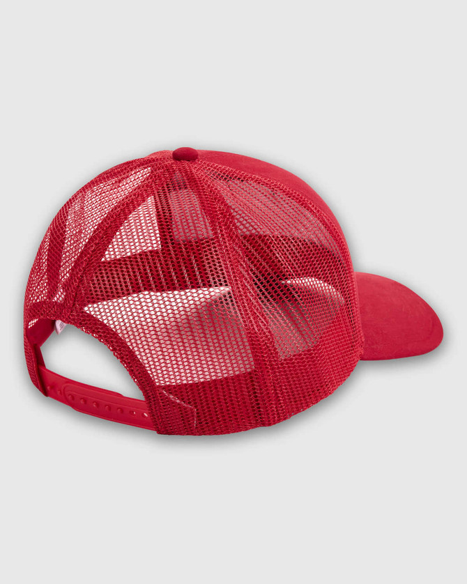 A red trucker cap featuring a structured front and a mesh back, complete with an adjustment strap.