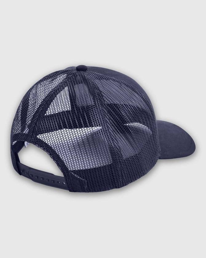 A structured black trucker cap with a mesh back and an adjustable strap. It features a logo on the front.