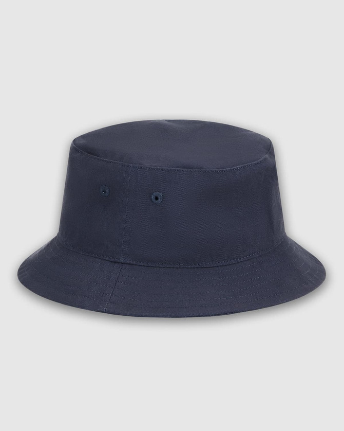 A navy blue bucket hat with ventilation holes and a simple design, featuring a logo.