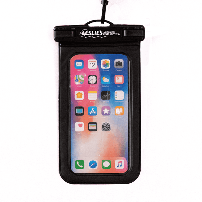 A waterproof phone pouch in black, featuring a clear front to display a smartphone screen and a hanging strap.