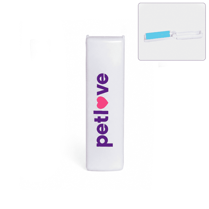 A white lint remover with a blue roller, featuring a branding logo. Ideal for pet hair removal.