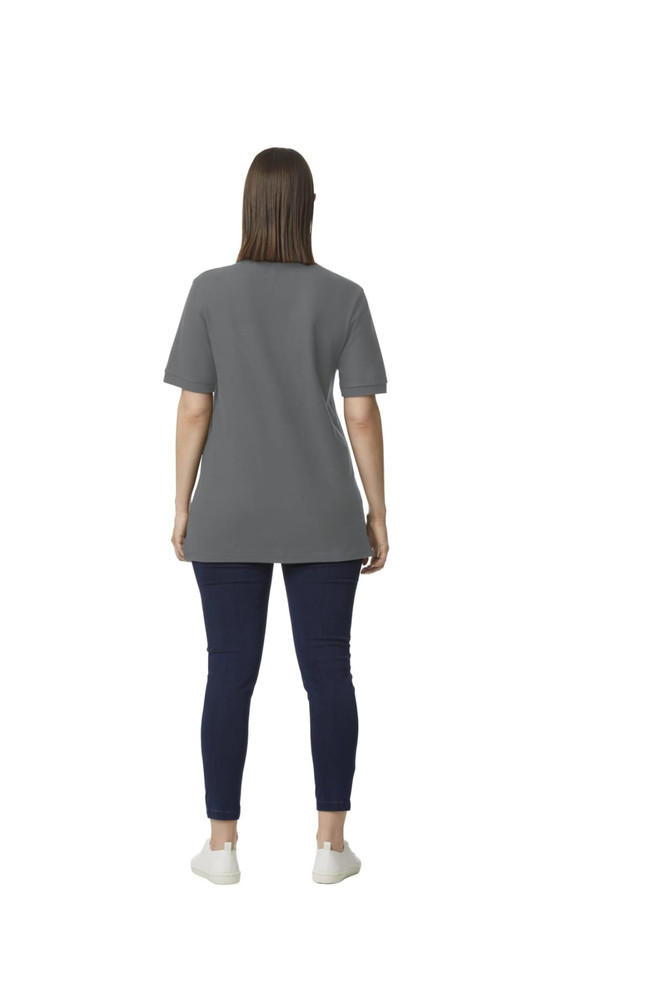A grey Gildan Hammer Adult Double Pique Polo is displayed from the back, paired with navy pants.