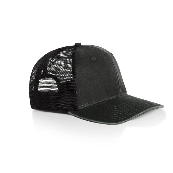 A faded green trucker cap with a mesh back, featuring a logo on the front.