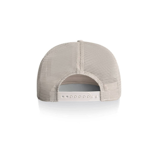 A beige trucker cap featuring a mesh back and an adjustable strap. It has a logo on the rear side.