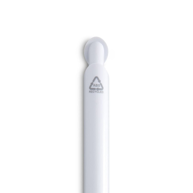 A white gel ink pen with a rounded end and a logo indicating it is made from recycled materials.