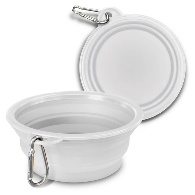 A silicone collapsible pet bowl in white with a carabiner for easy attachment. Features a smooth, circular design.
