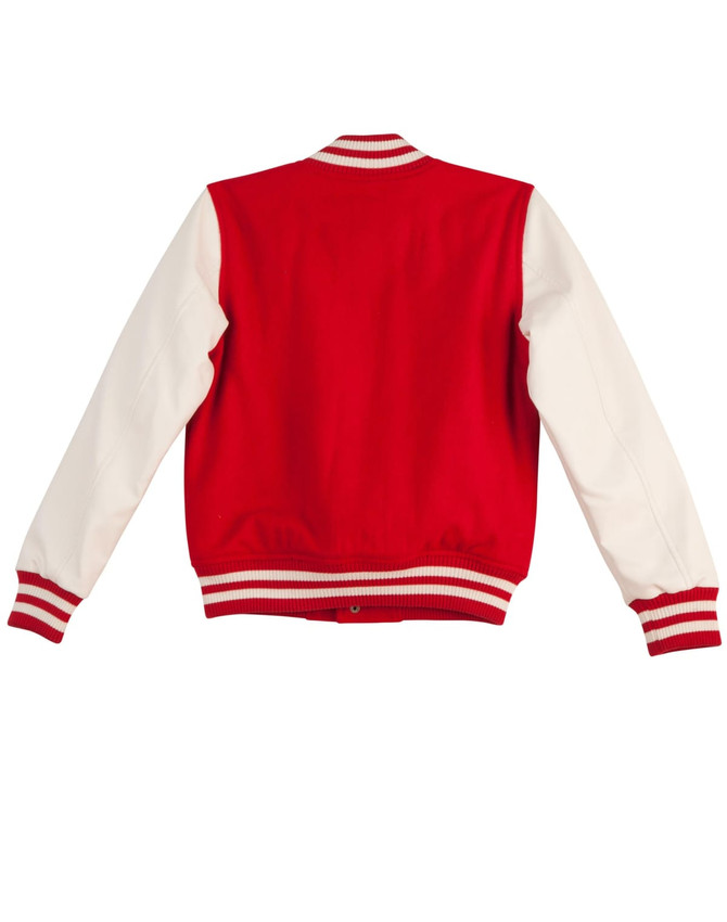 A varsity jacket in red and white with striped cuffs and collar, featuring a logo on the front.