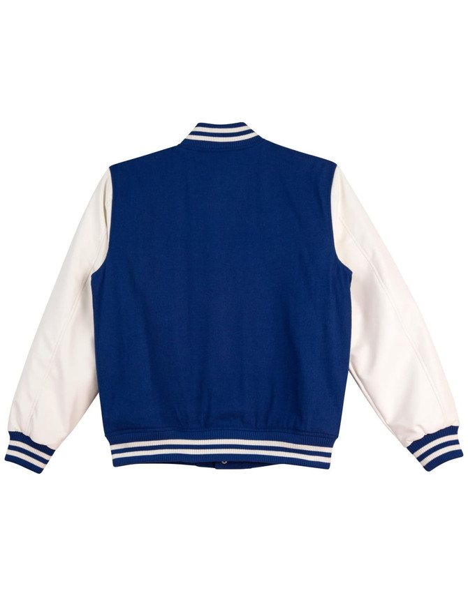 A wool blend varsity jacket featuring a blue body and white sleeves, with a striped collar and cuffs.