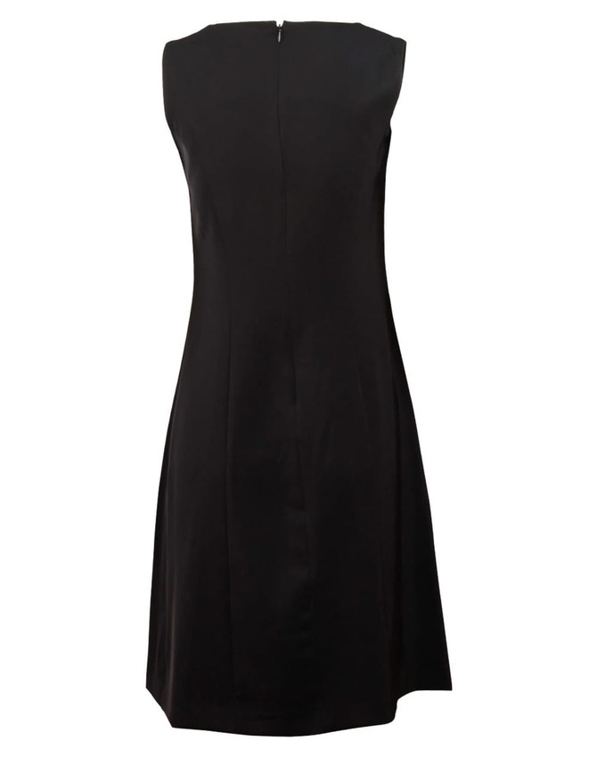 A black women's shift dress featuring a sleeveless design and a back zipper. It has a smooth fabric finish.