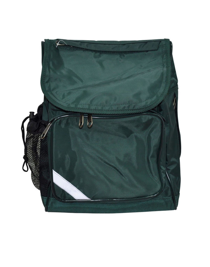 A green school bag featuring a main compartment, a front pocket, and a side mesh pocket. It has a logo on it.