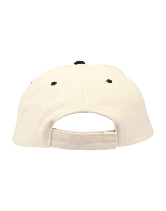 A peak cap in cream with black details, featuring a logo on the back.