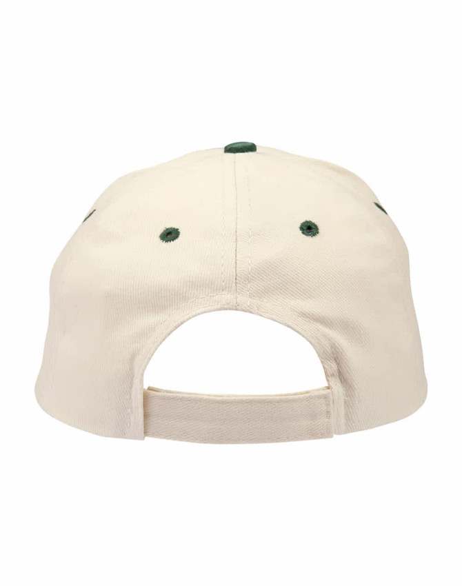 A beige suede peak cap featuring a green adjustable strap and ventilation holes at the back.