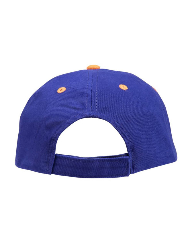 A blue suede peak cap with orange accents and an adjustable strap at the back. It features a logo.
