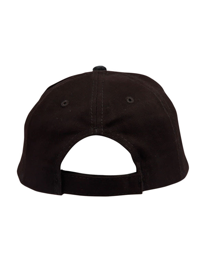 A black suede peak cap featuring a back opening and an adjustable strap, accompanied by a logo.