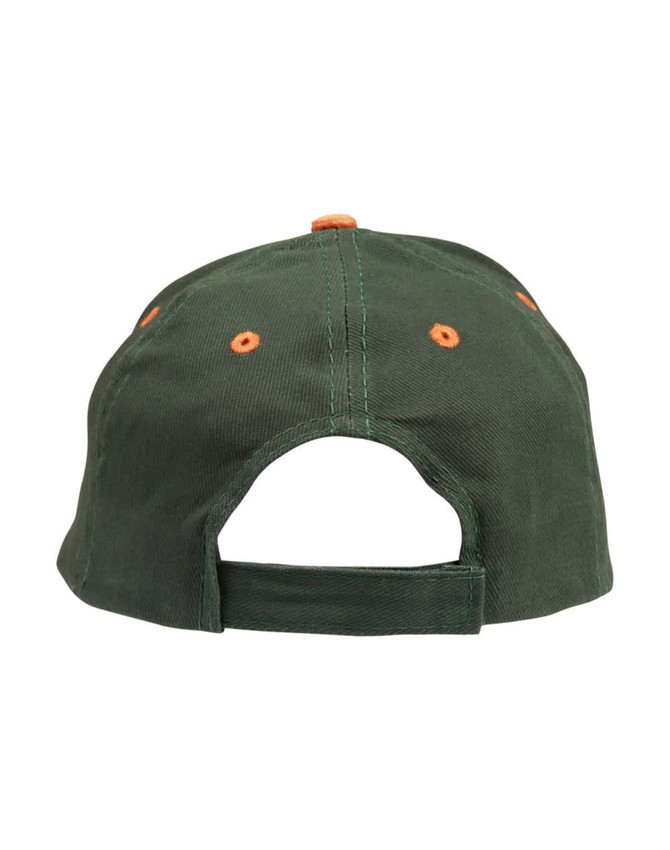 A green suede peak cap with orange detailing on the back and a buckle closure. It features ventilation holes and a logo.