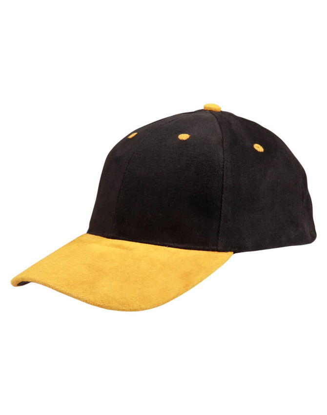 A black and yellow suede peak cap featuring a logo and contrasting panels on the brim.