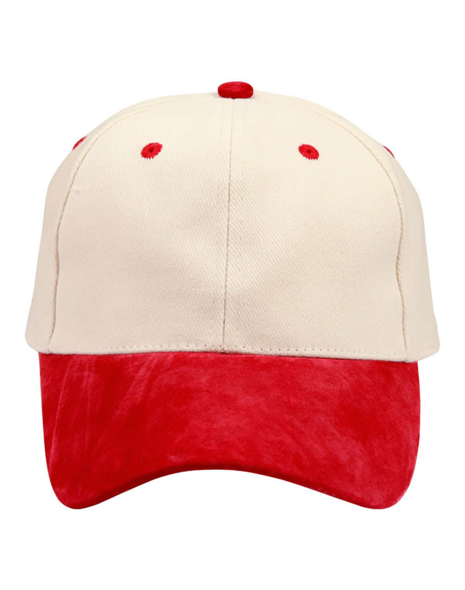 A peak cap in cream with a red suede brim and red detailing, featuring a logo on the front.