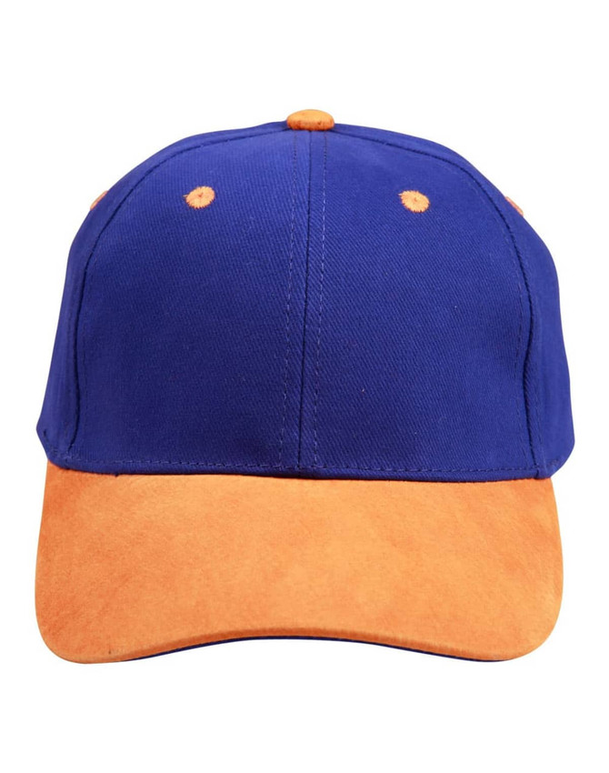A blue and orange suede peak cap with a curved brim and contrasting stitching. Features a logo on the front.