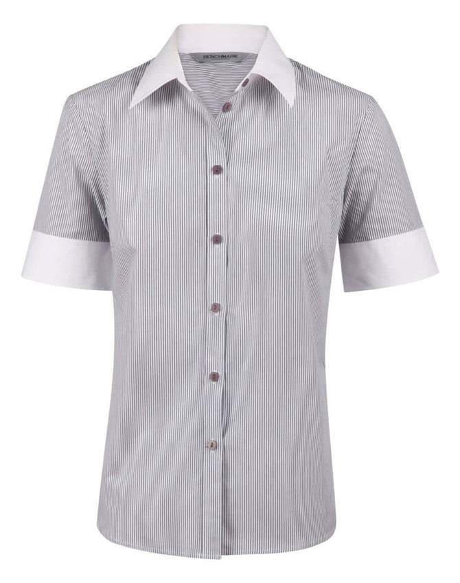 A short sleeve shirt featuring a tic stripe pattern, primarily in grey with white cuffs and collar. It has a logo.