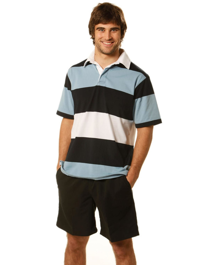 A men's short sleeve rugby top in black, light blue, and white stripes, accompanied by black shorts. Features a logo.