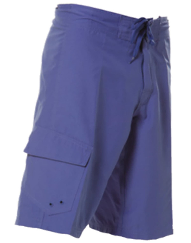 Men's surf shorts in a vibrant purple, made from 100% polyester with a peach finish. Features cargo pockets and branding.