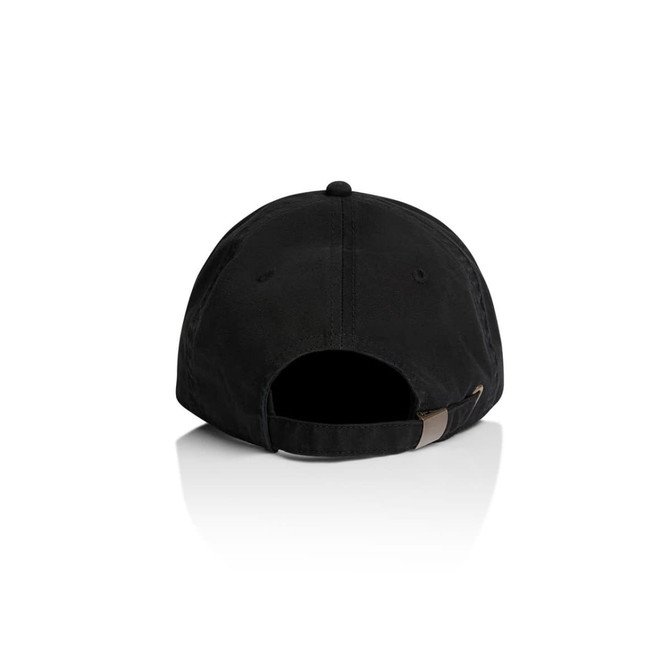 A black five panel cap with an adjustable strap at the back and a small logo on the side.