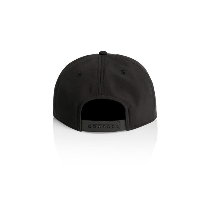 A black cap with a rounded back and an adjustable strap, featuring a logo on the side.