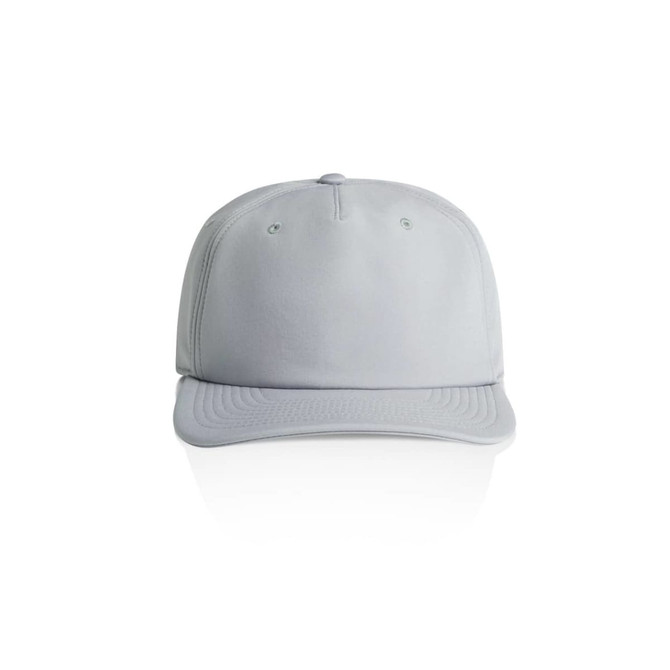A light grey cap with a flat brim and an embroidered logo on the front.