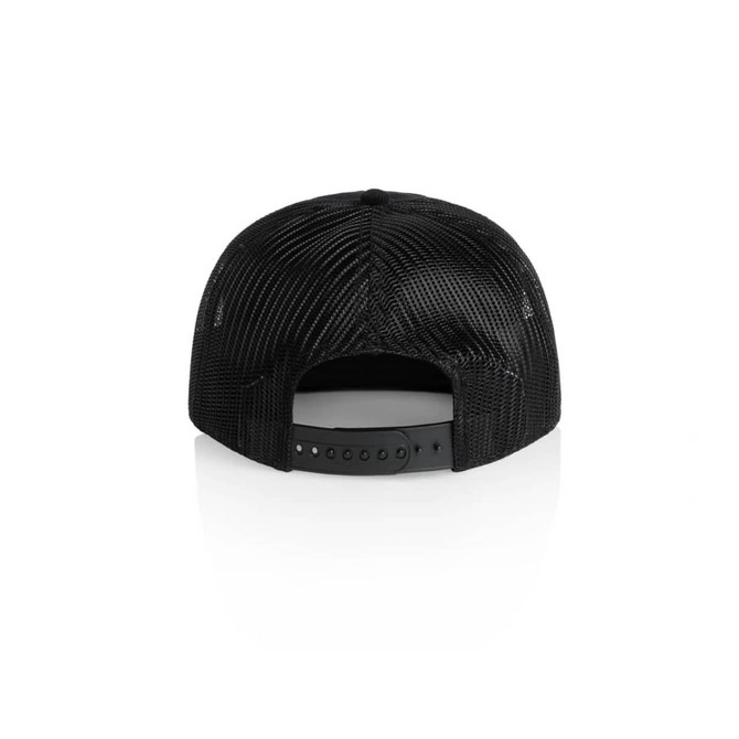 A black trucker cap featuring a mesh back and an adjustable strap, with a logo present.