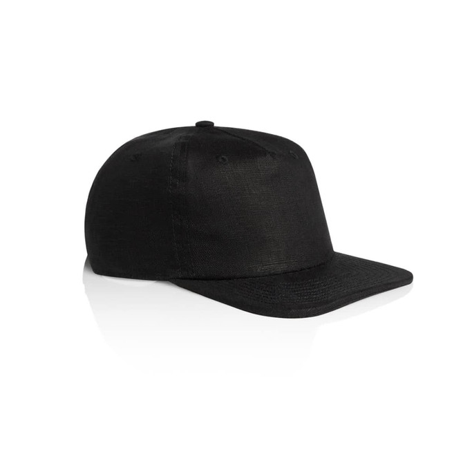 A black cap with a flat brim and a classic design, featuring a logo on the front.