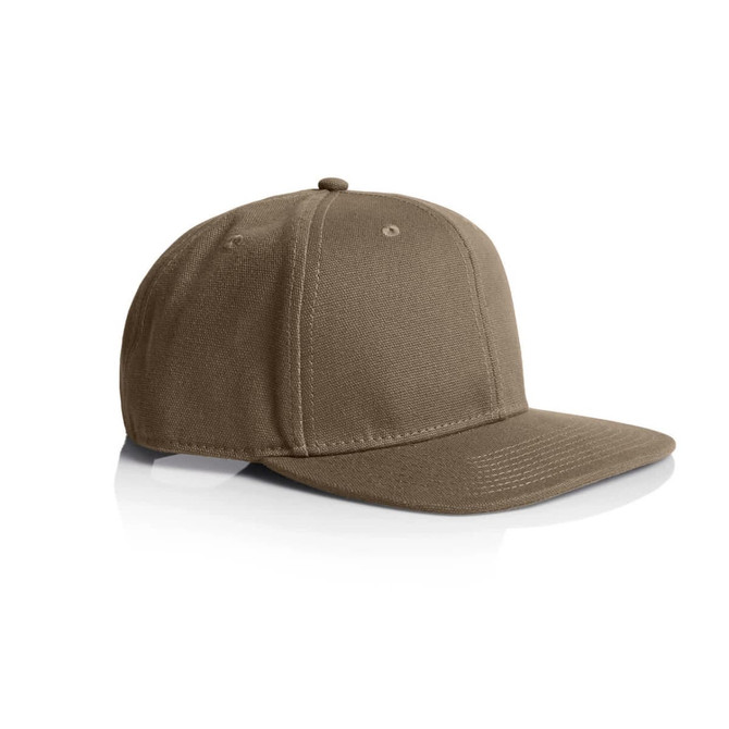A brown stock canvas cap featuring a flat brim and six-panel construction, with a branding logo.