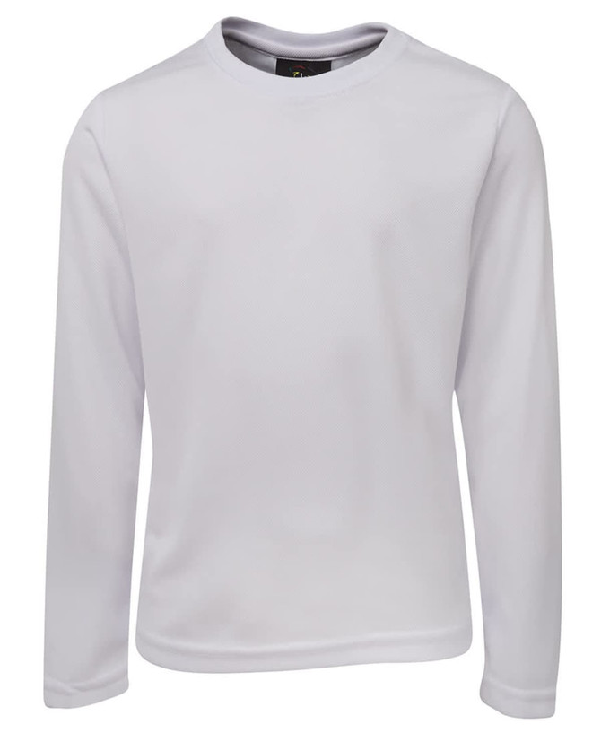 A white long-sleeve T-shirt displayed against a plain background, featuring a logo.