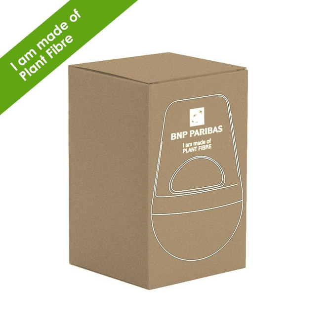 A packaging box for the Geo Wireless speaker, featuring a minimalist design and made of plant fibre.