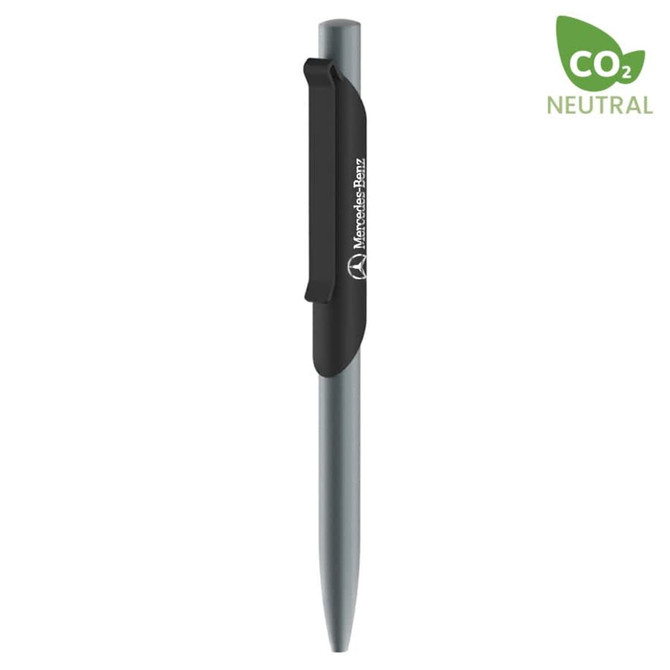 A metal pen in a silver-grey colour with a black clip and branding. The pen is CO2 neutral.