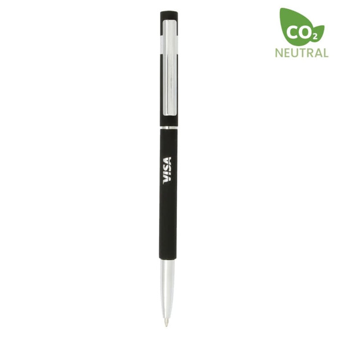 A metal pen in black with a silver clip, featuring a logo and a CO2 neutral badge.