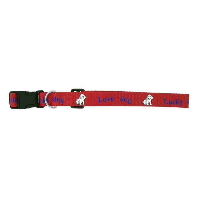 A red dog collar with blue text reading "Love dog" and "Lucky" featuring a small logo and buckle.