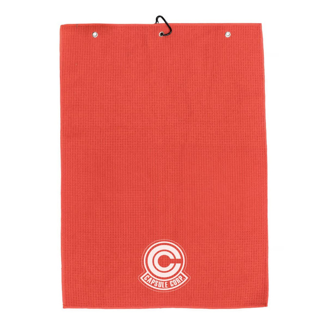 A red golf towel featuring a logo, designed with a hanging hook for convenience.