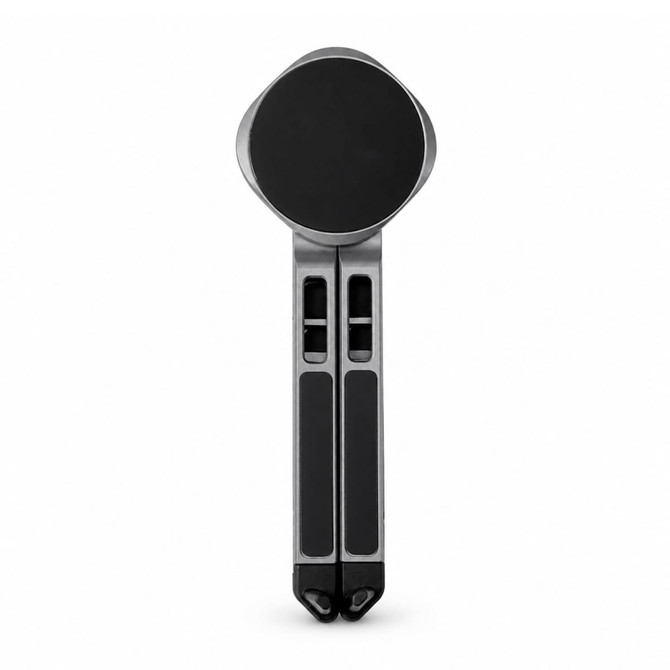 A sleek, silver and black Spider Device Stand with a round base and two adjustable arms.